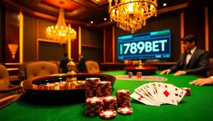 Experience the excitement of gambling at 789BET with poker chips and a roulette wheel.