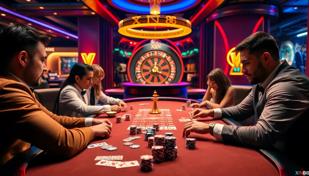 Players strategizing and placing bets in a lively XN88 poker game at a luxurious casino.