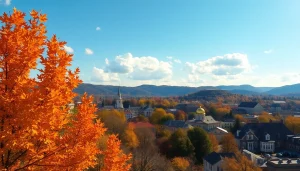 Experience Clarksburg's picturesque autumn landscape with vibrant foliage and historic buildings.