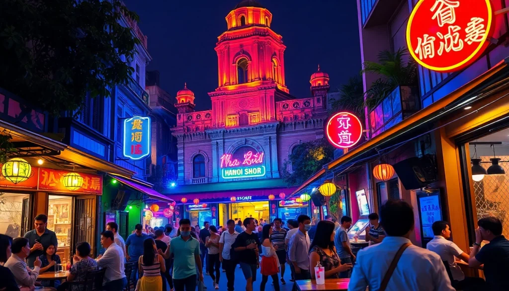 Experience 하노이밤문화 with vibrant nightlife scenes of Hanoi, showcasing lively streets, neon lights, and people enjoying themselves.