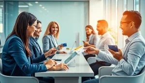 전문 환경에서 상품권신용카드를 사용해 기프트 바우처를 구매하는 개인들.