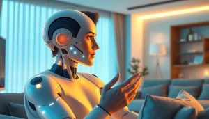 A human interacting with an AI companion in a modern setting, illustrating concepts of ai sex and digital relationships.