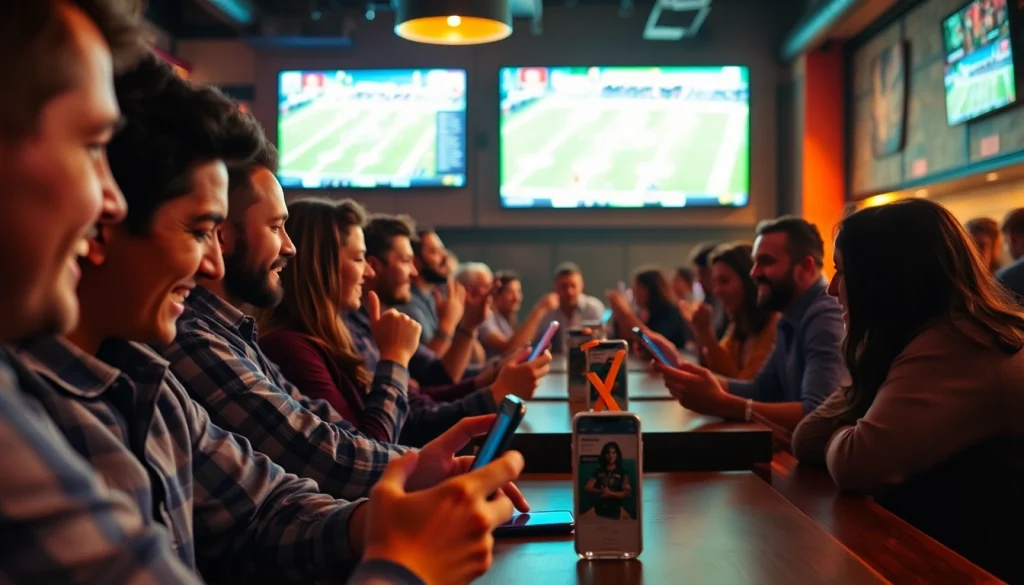 Engaging sports betting apps Alabama experience with users cheering in a lively sports bar setting.