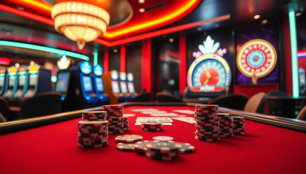 Experience luxury gaming at XN88 with a vibrant casino scene showcasing poker chips, cards, and slot machines.