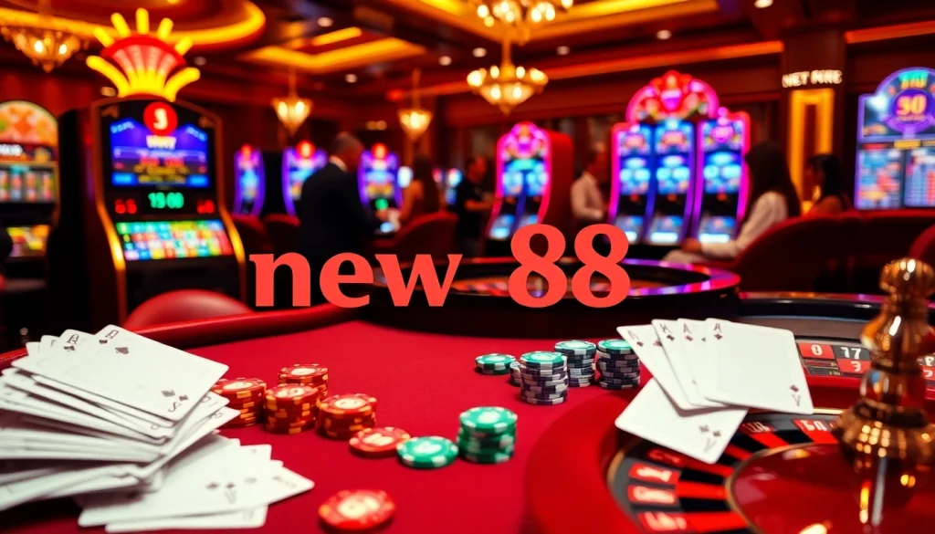 Exciting gambling action at new 88 casino with vibrant tables, cards, and chips.