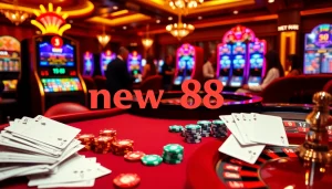 Exciting gambling action at new 88 casino with vibrant tables, cards, and chips.