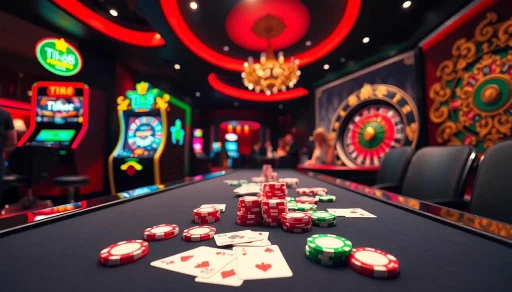 Tham gia các trò chơi cược cao tại casino sang trọng của Tik88, với những chip poker đầy màu sắc và bộ bài thanh lịch.