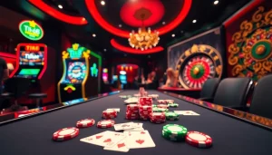 Tham gia các trò chơi cược cao tại casino sang trọng của Tik88, với những chip poker đầy màu sắc và bộ bài thanh lịch.