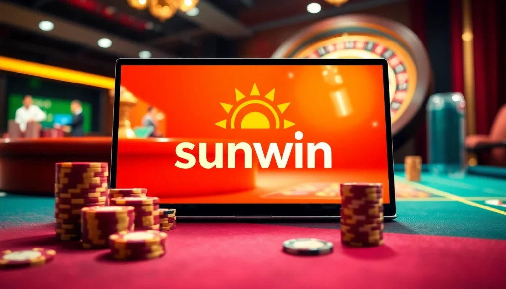 An engaging online gambling interface highlighting nhà cái sunwin with poker chips and a roulette wheel.