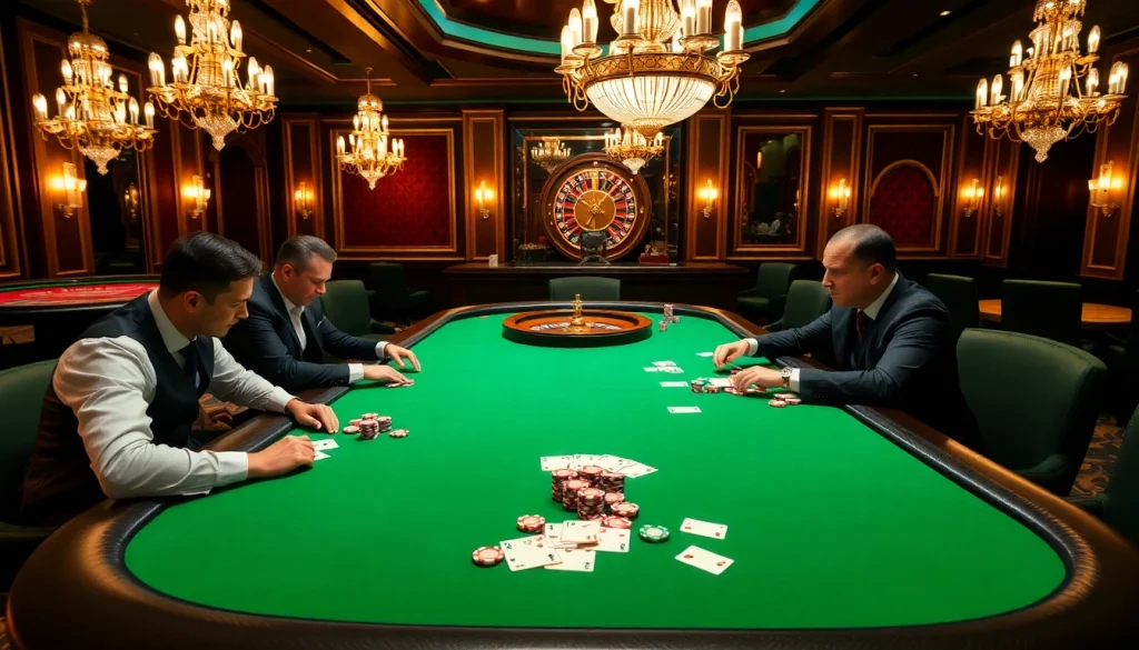 A thrilling poker game scene at a luxury casino highlighting 7m betting strategies and excitement.