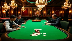 A thrilling poker game scene at a luxury casino highlighting 7m betting strategies and excitement.