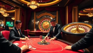 Engaging poker game at a luxurious casino showcasing giải mã nhà cái strategies with professional players and vibrant ambience.