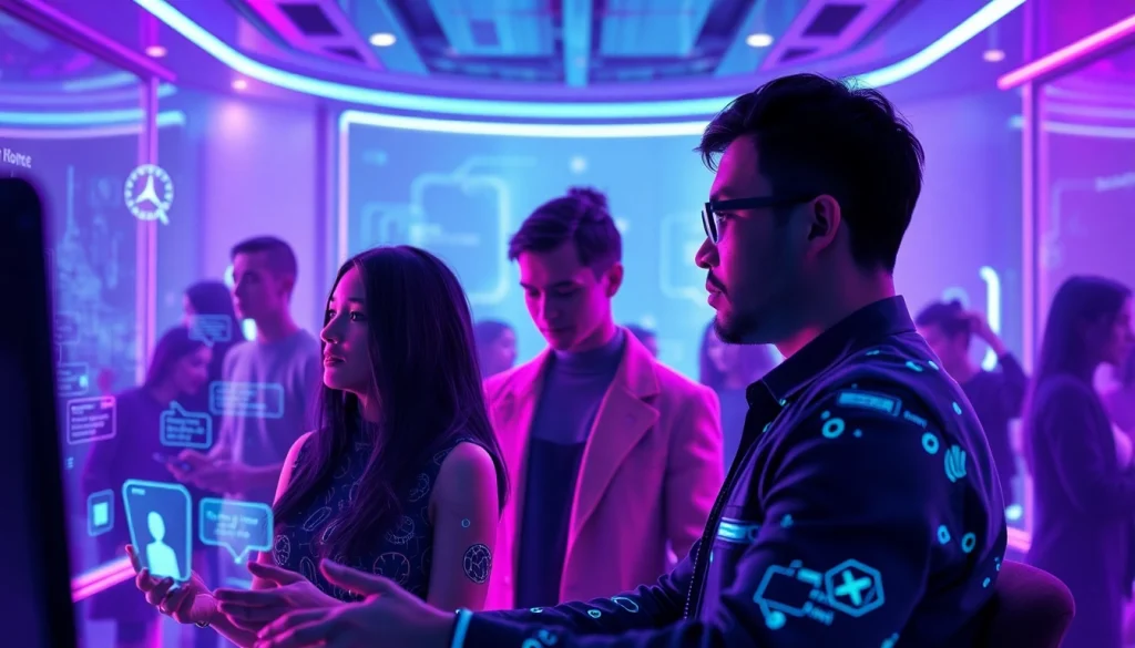 Immersive digital scene showcasing characters in a vibrant sex chat ai platform, emphasizing emotional connection.