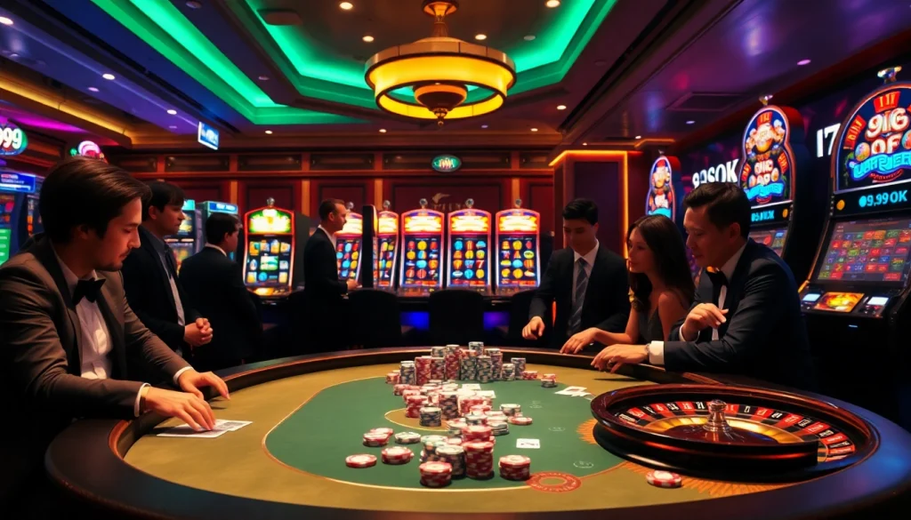Experience the thrill of gambling at 99OK's upscale casino with vibrant gaming elements.