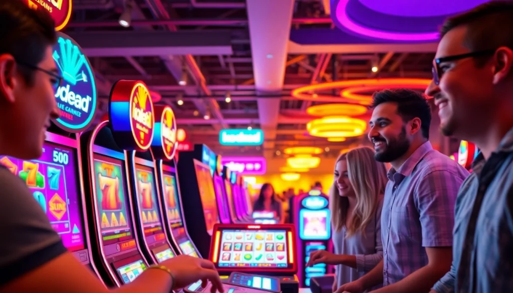 Kode4d slot gaming environment with vibrant colors and exciting digital interfaces, showcasing happy players.