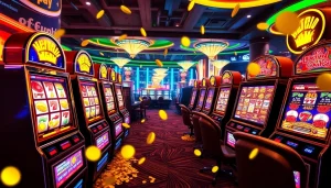 Mainkan plink slot dengan suasana kasino yang glamor dan ceria, penuh mesin slot berwarna-warni.