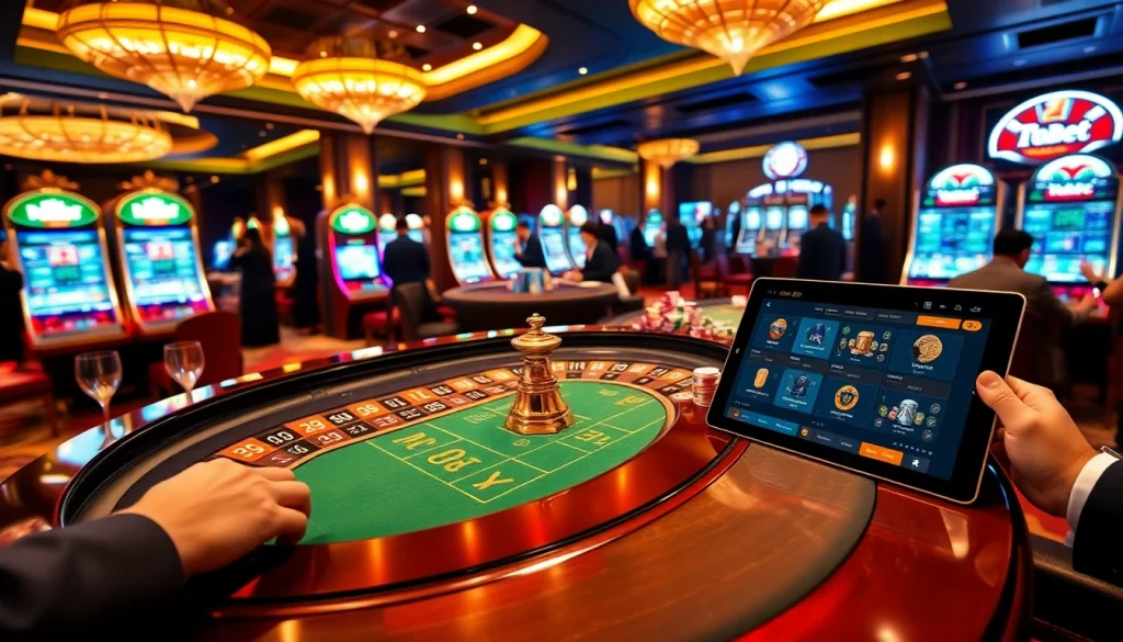 Experience the excitement of 789BET casino with roulette and slot machines in a luxurious setting.