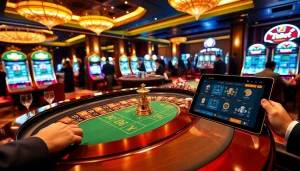 Experience the excitement of 789BET casino with roulette and slot machines in a luxurious setting.