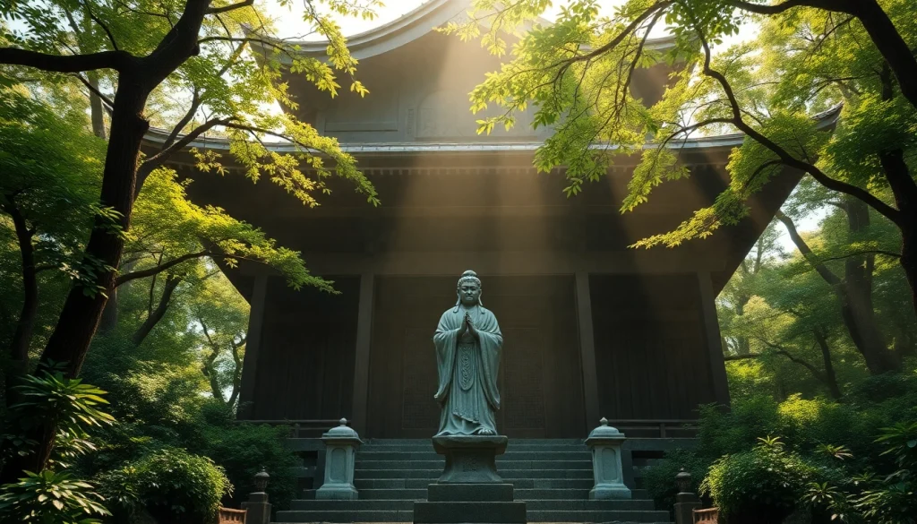 自然に囲まれた即身仏を象徴する古代寺院。平和と精神性を喚起する光景。