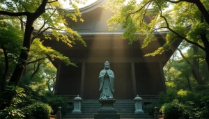 自然に囲まれた即身仏を象徴する古代寺院。平和と精神性を喚起する光景。