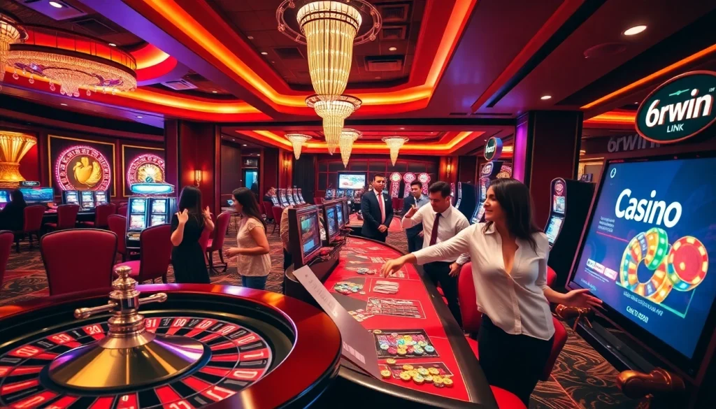Experience the excitement of gambling with the 6rwin Link, showcasing vibrant casino tables and engaging players.