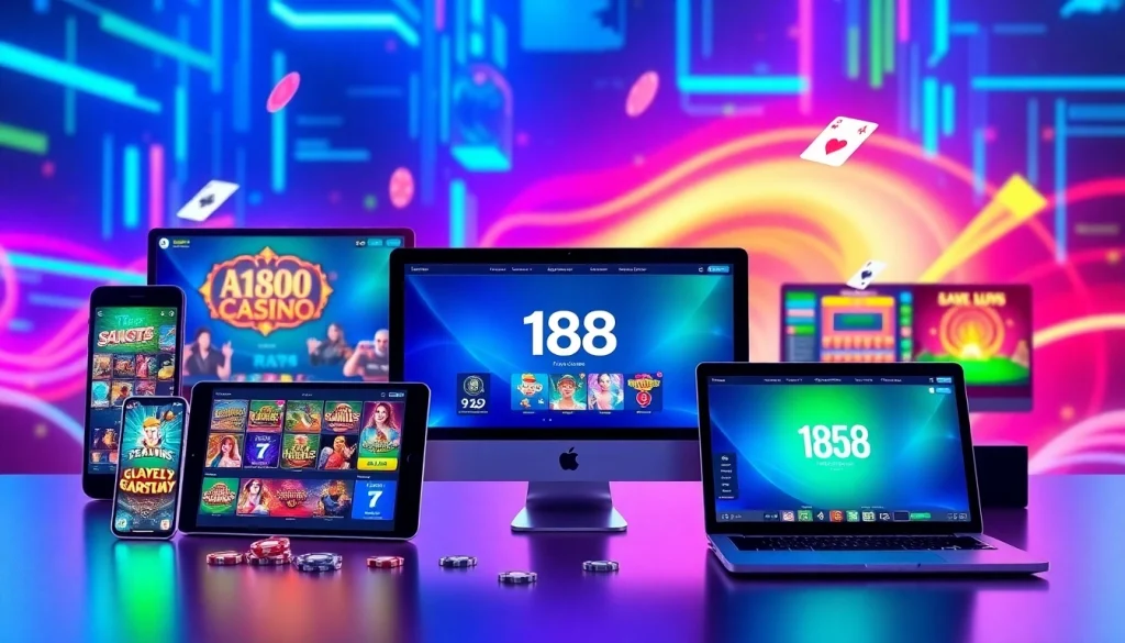 A188 online casino platform showcasing games on multiple devices with vibrant neon colors.