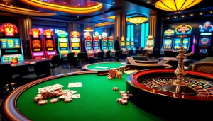 S88vip poker table with chips and cards in a vibrant casino setting