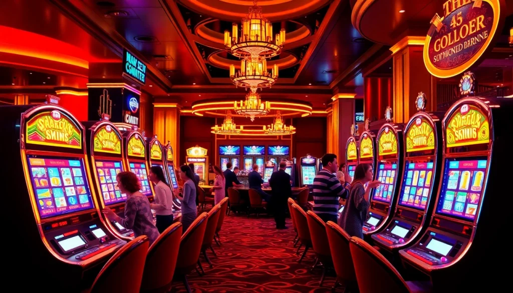 Experience the thrill of slot depo 5rb at a luxurious casino with vibrant slot machines and excited players.