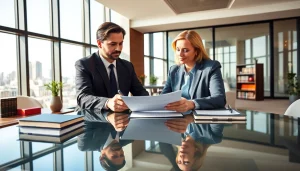 Engaged real estate lawyer advising a client in a modern office setting, exemplifying professionalism.