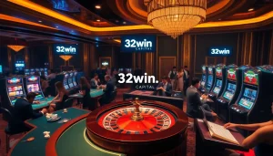 A vibrant casino scene showcasing diverse games with the branding of https://32win.capital, emphasizing excitement and luxury.
