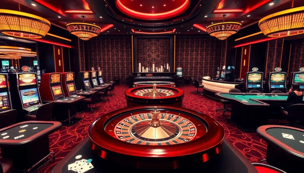 SODO casino scene showcasing vibrant slot machines and a roulette wheel in an elegant setting.