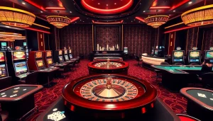 SODO casino scene showcasing vibrant slot machines and a roulette wheel in an elegant setting.