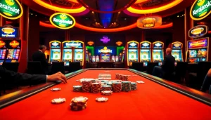 Experience the thrill of kerajaanslot at an engaging casino table with vibrant poker chips.