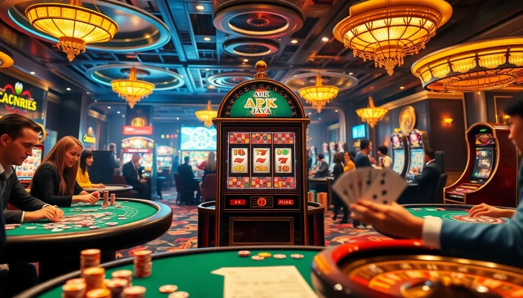 Play on the apk jaya slot machine amidst a lively casino atmosphere, showcasing vibrant gaming action.