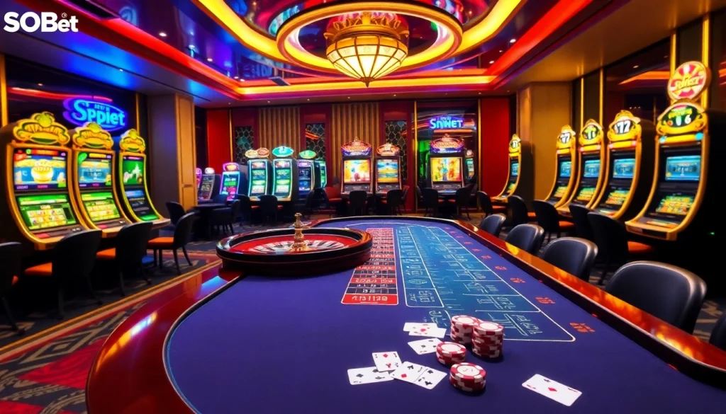 SOIBET gaming setup with poker tables, slot machines, and roulette for thrilling casino experience.