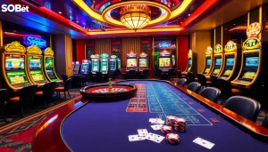 SOIBET gaming setup with poker tables, slot machines, and roulette for thrilling casino experience.