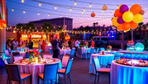 Las Vegas Party Rentals: festive outdoor party setup with tables, lights, and decorations.