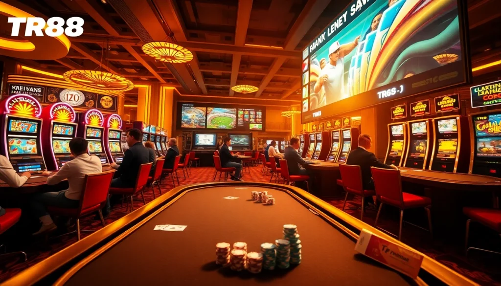 Exciting view of TR88 trang chủ showcasing vibrant casino games and sports betting atmosphere.
