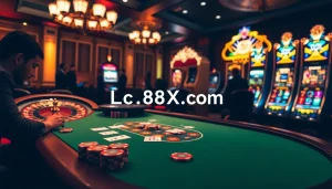Engaged players strategizing at a poker table on https://lc88x.com/ with luxurious casino elements.