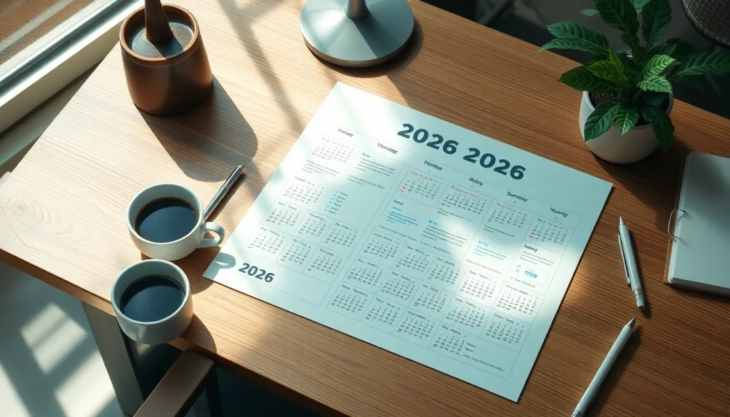 Free calendar 2026 displayed on a modern desk with stationery and plants.