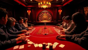 Players enjoying a thrilling poker game at an elegant casino, highlighting nk88 excitement.