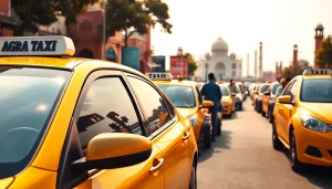 Agra Taxi service with clean cabs ready for passengers near the Taj Mahal.