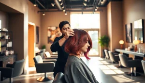 Aveda salon San Diego featuring a stylist applying vibrant hair color in a luxurious, welcoming environment.
