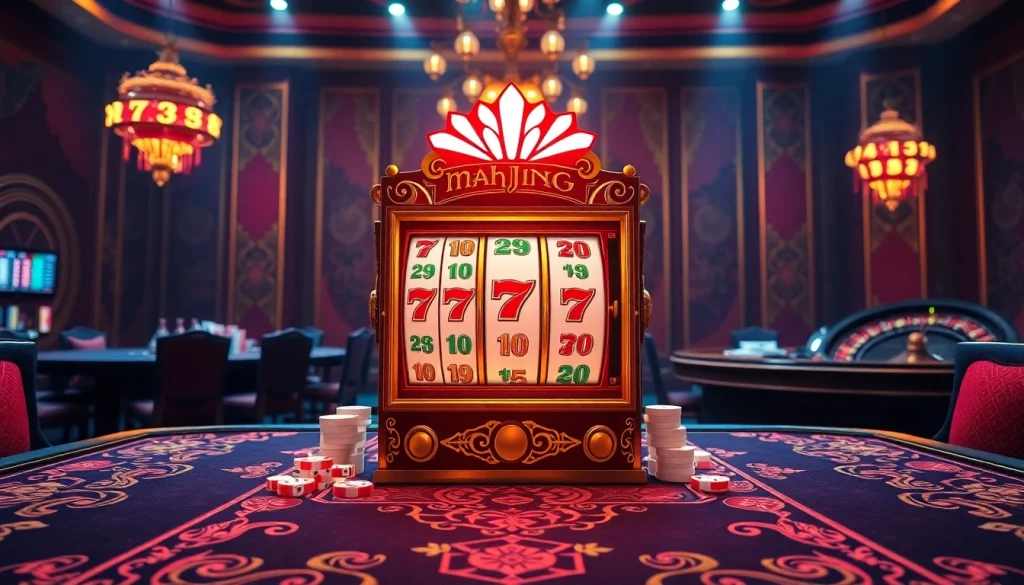 Engaging slot demo mahjong experience with a vibrant mahjong-themed slot machine and casino elements.