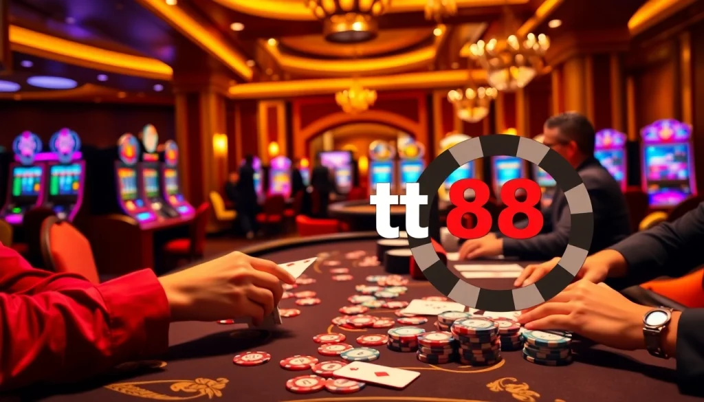 Players placing bets at a glamorous poker table with tt 88 branded poker chips.