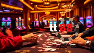 Players placing bets at a glamorous poker table with tt 88 branded poker chips.