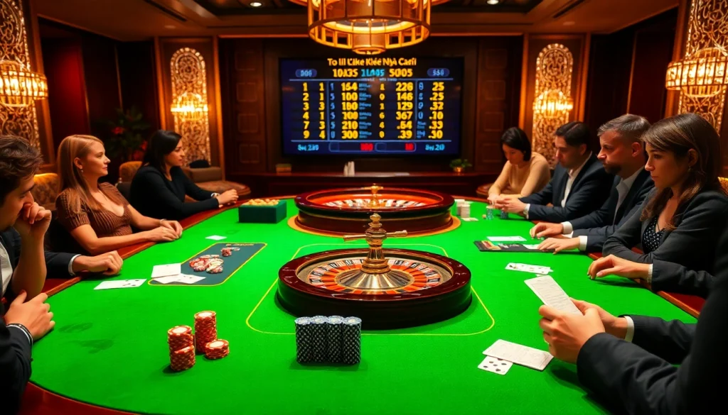 Players evaluating tỷ lệ kèo nhà cái at a thrilling casino betting table.