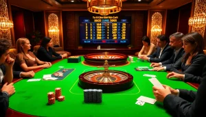 Players evaluating tỷ lệ kèo nhà cái at a thrilling casino betting table.