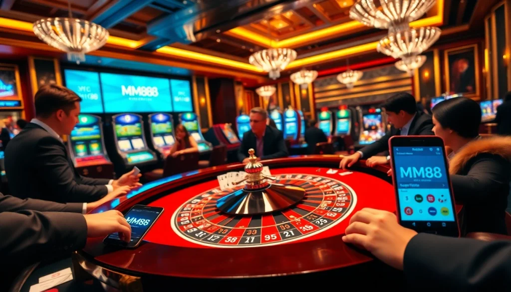 MM88 players engaging in an exciting game at a vibrant roulette table in the casino.