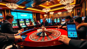 MM88 players engaging in an exciting game at a vibrant roulette table in the casino.